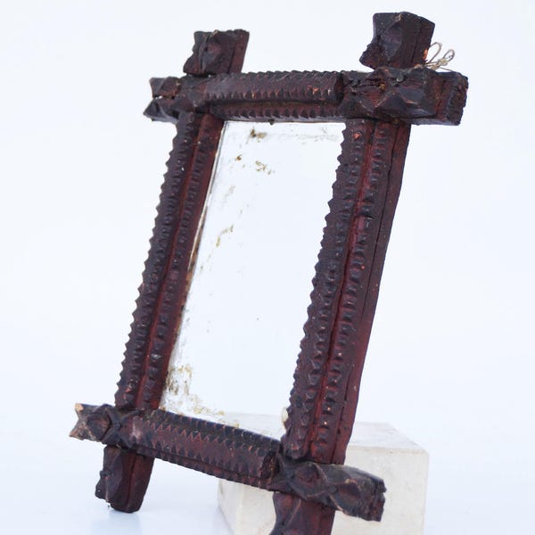 Small Hand Chipped Wood Picture Frame Tramp Art Style red painted