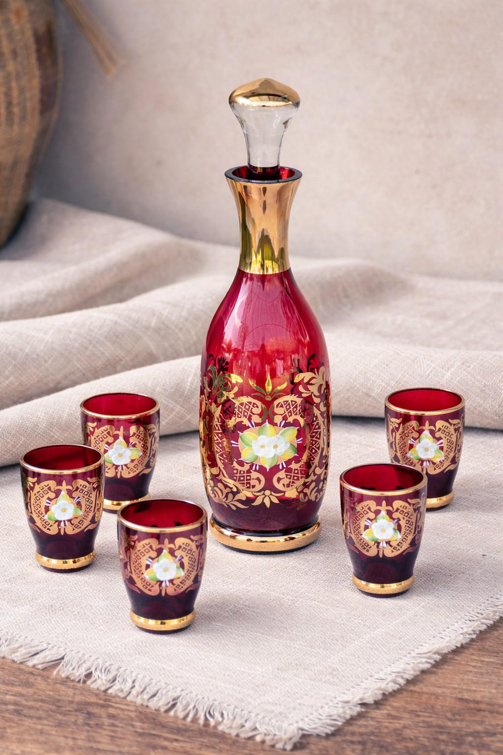 Decanter and Five Glases for Liqueur Murano Glass Ruby Red Hand