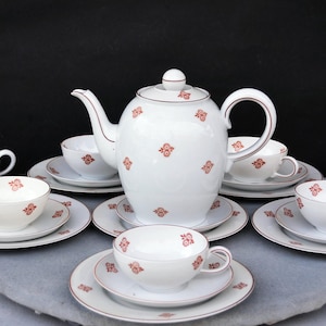 Vintage Volkstedt Germany Porcelain Tea & Caffee Set with Creamer and Sugar Kaffeekanne Milchkanne 5 Tasse Volkstedt Porzellan Mid Century
