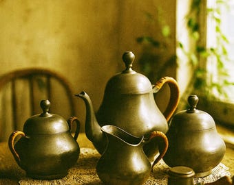 Vintage Pewter Tea Coffee Service Set, Pewter Tea Kettle Pot