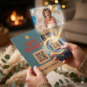 Retro Happy Birthday Metallkarte mit QR-Code | personalisierbar mit Foto, Text, Audio oder Video | Vintage Aluminiumkarte 17×11,5 cm