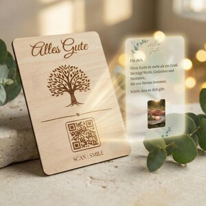 Alles Gute Geschenk mit QR Code – personalisierte Holzkarte mit digitaler Botschaft | Monvou