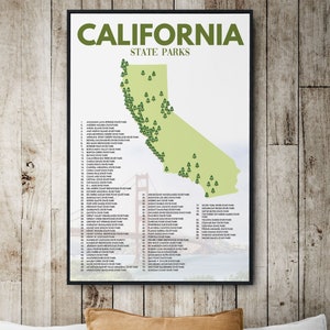 Elenco dei parchi statali della California / Arredamento da campeggio Michigan Art / Mappa della California / Arredamento per la casa della California / Regalo per escursionisti / Arredamento avventura