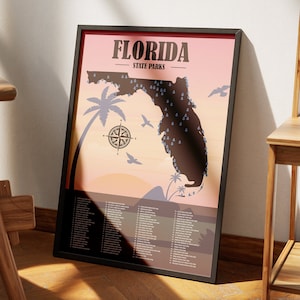 Kaartlijst Florida State Parks | Wandelaar cadeau | Avontuurdecor | Florida kunst aan de muur Home decor | Florida-cadeaus | Moderne reizen Art Print cadeau