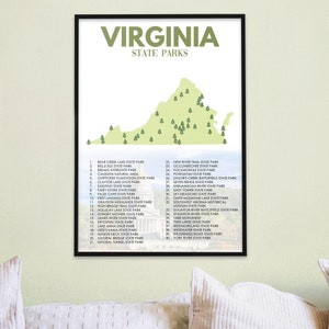 Virginia State Parks Liste | Virginia Art Camping Dekor | Virginia Karte | Virginia Wohnkultur | Wanderer Geschenk | Abenteuer Dekor