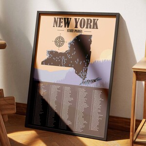 Kaartlijst van New York State Parks | Wandelaar cadeau | Avontuur Decor Cadeau | Decor van het huis van de kunst aan de muur van New York | New York-cadeaus | Moderne reisprint cadeau