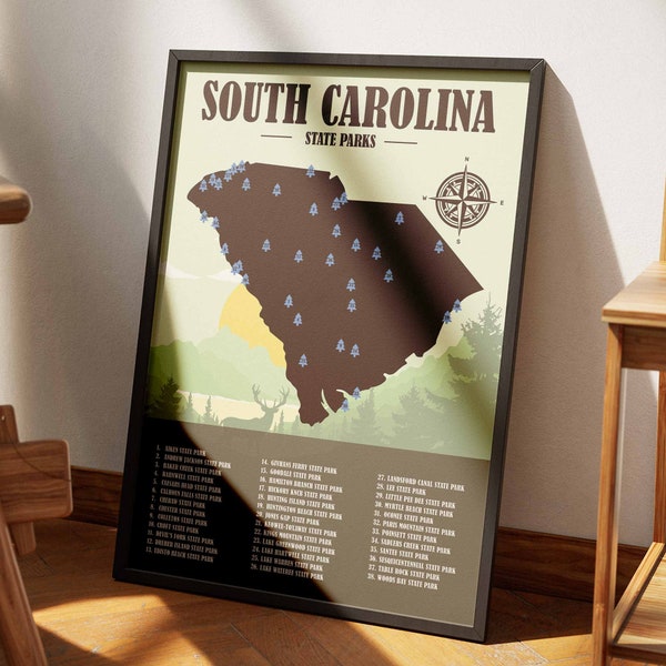 South Carolina State Parks Map List | Hiker Gift | Adventure Decor | South Carolina Wall Decor | South Carolina Gifts | Modern Travel Print