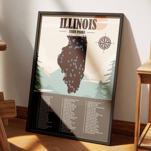 Liste des cartes des parcs d'État de l'Illinois | Cadeau randonneur | Cadeau déco aventure | Art mural de l'Illinois, décoration d'intérieur | Cadeaux Illinois | Cadeau imprimé voyage moderne