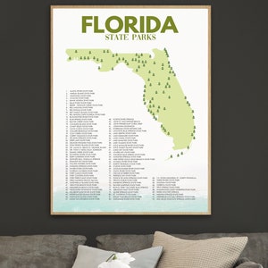 Lijst met staatsparken in Florida | Florida kunst camping decor | Florida-kaart | Florida woondecoratie | Wandelaar cadeau | Avontuurdecor | Natuurliefhebber cadeau