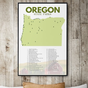 Lista de parques estatales de Oregón / Decoración de camping de arte de Oregón / Mapa de Oregón / Decoración del hogar de Oregón / Regalo de excursionista / Decoración de aventuras / Regalo amante de la naturaleza