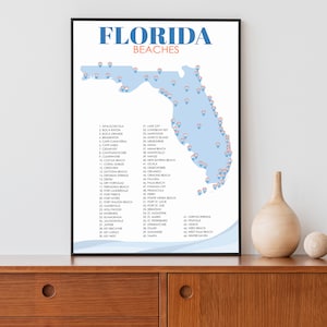Florida Beaches List Wandposter | Florida Beach Map Wanddekor | FL Beach Map Druck | Wanderer Geschenke | Florida Wandkunst | Natur-Liebhaber-Geschenk