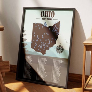 Lista de mapas de parques estatales de Ohio / Regalo de excursionista / Regalo de decoración de aventuras / Decoración del hogar de arte de pared de Ohio / Regalos de Ohio / Impresión de viaje moderna / Lista de cubos