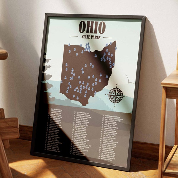 Ohio State Parks Map List | Hiker Gift | Adventure Decor Gift | Ohio Wall Art Home Decor | Ohio Gifts | Modern Travel Print | Bucket List