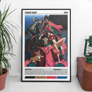 Pôster de parede minimalista do Anime da arte de Manga Bebop | Presente de arte de parede de anime de fantasia | Presente dos anos 90 do vintage do vaqueiro do espaço | Presentes para amantes de anime mangá