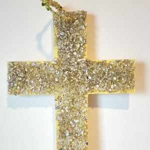 Blessed Crosses (Medium-sized wooden crushed glass carved cross with sequin string hook)