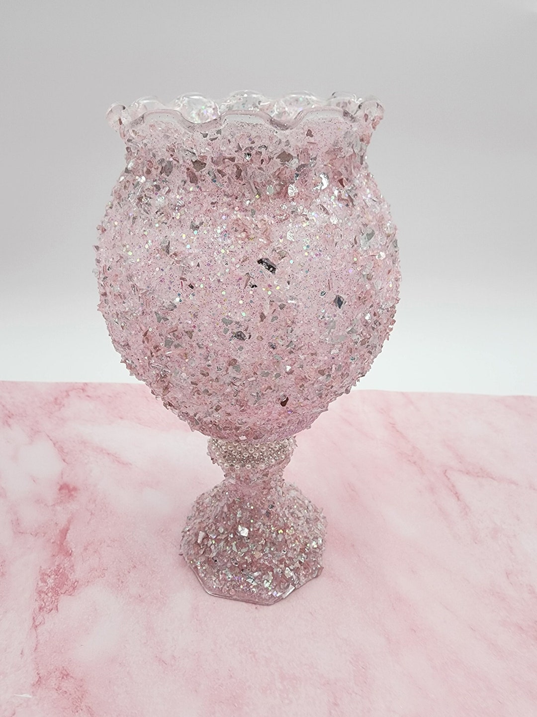 Light Pink Globe Candle Holder Ribbon Edged/crushed Glass One Etsy