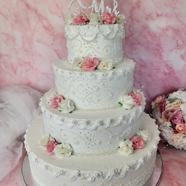 White Wedding Cake faux 4 tier plus rhinestone base and rhinestone Mr.&Mrs.topper