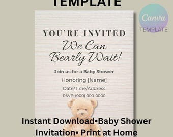 Editable Baby Shower Invitation Template, We Can Bearly Wait, Teddy Bear Baby Shower, Neutral Baby Shower, Printable Canva Invite
