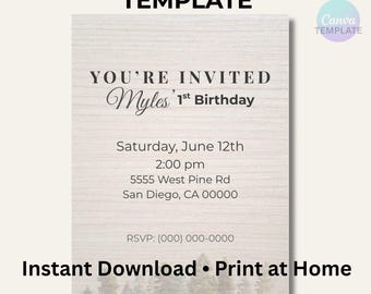 Editable First Birthday Invitation Template, Minimalist Rustic Birthday Invite, Neutral Birthday Invite, Canva Template, Instant Download
