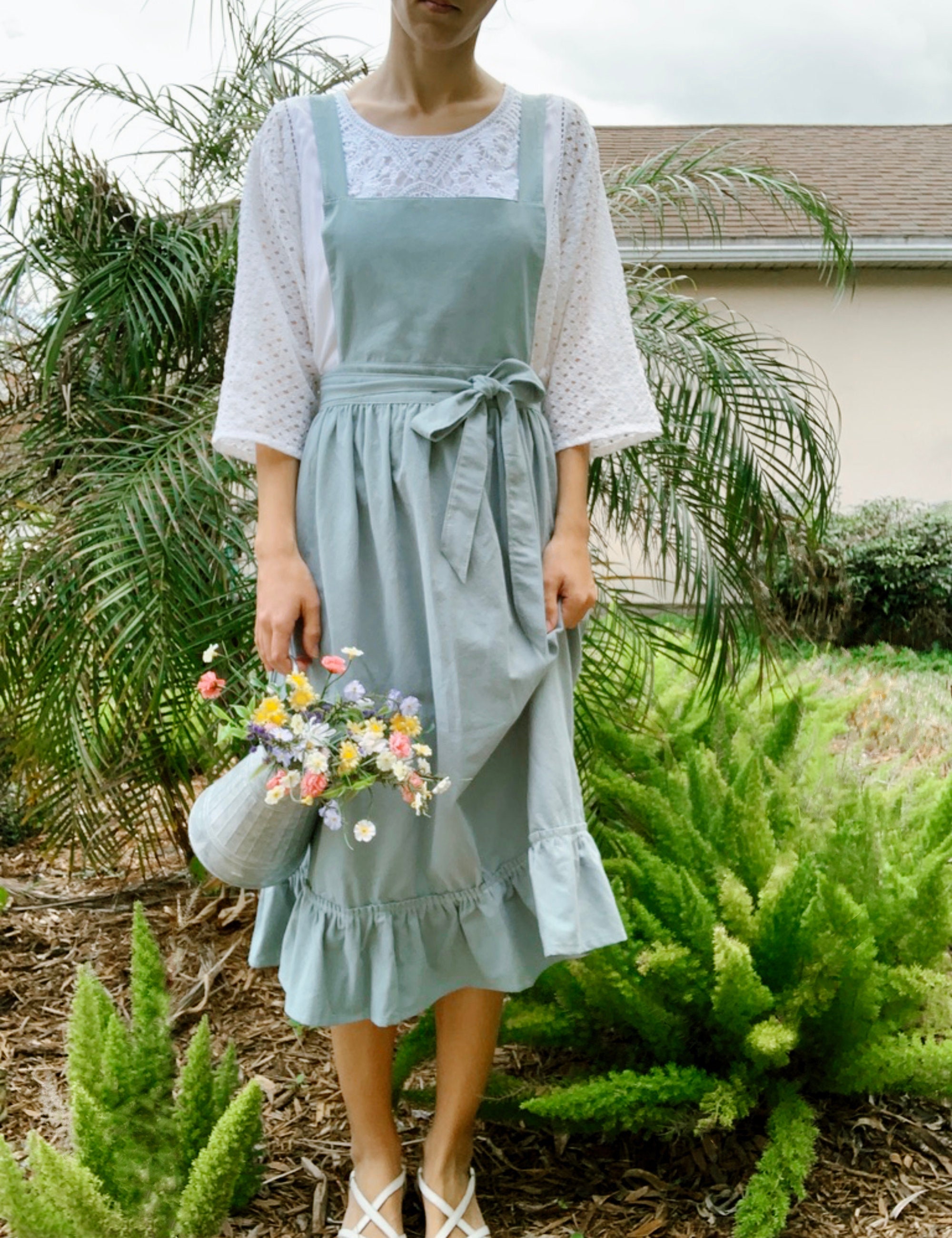 Pinafore - Delantal japonés, de algodón y lino, con espalda cruzada para  mujer, con bolsillos, vestido con lazos en la cintura, Rosado