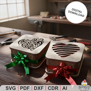 May include: Two wooden boxes with heart-shaped cutouts on the lids. One box has an intricate design, the other has a striped design. Both boxes are wrapped with ribbons. The boxes are on a wooden surface. The image includes the text "DIGITAL DOWNLOAD".