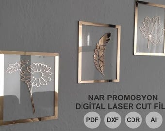 Laser Cut Line Art Wall Decor File - Acrylic Plexiglass Gold Mirror - Leaf Feather Daisy - Cnc Glowforge xTool - PDF DXF CDR Ai Set of 3