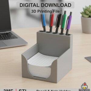 Puede incluir: Un portalápices y bloc de notas gris con una pila de papel rayado y cinco bolígrafos en azul, rojo, negro, verde y morado. El texto "DESCARGA DIGITAL Archivo de impresión 3D" está en la parte superior. El texto "3MF | STL Portalápices y bloc de notas" está en la parte inferior.