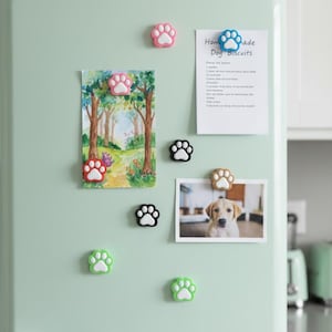 Op de afbeelding: Een mintgroene koelkastdeur versierd met kleurrijke pootafdrukmagneten. Een aquarel van een boslandschap en een foto van een hond zijn ook bevestigd. Een handgeschreven notitie getiteld "Homemade Dog Biscuits" is zichtbaar.