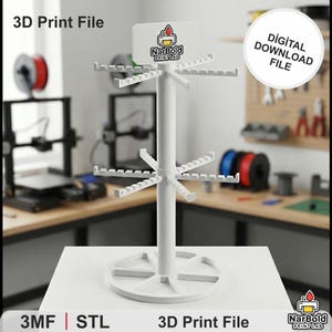 May include: A white 3D print file display stand with multiple arms for hanging items. The stand has a circular base and a sign at the top with the text "NarBold PRINT LAB". The image also includes the text "3D Print File" and "DIGITAL DOWNLOAD FILE".