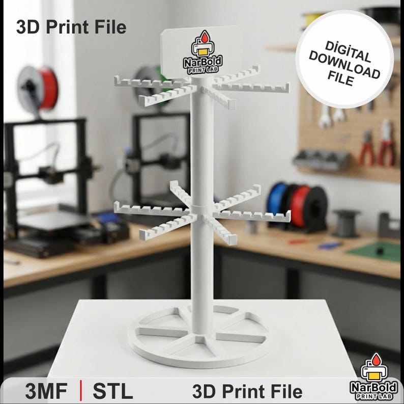 May include: A white 3D print file display stand with multiple arms for hanging items. The stand has a circular base and a sign at the top with the text "NarBold PRINT LAB". The image also includes the text "3D Print File" and "DIGITAL DOWNLOAD FILE".