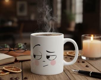 Cool Face Ceramic Mug, Indifferent Funny Expression Coffee Mug, Kawaii Blush Mug, Aesthetic Tea Cup, Gift for Friends
