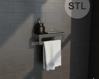 Minimalist Wall, Mounted Towel Rack STL File, Modern Bathroom Shelf & Bar, 24x11 cm 3D Printable Plastic Holder Digital Download