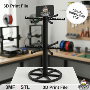 May include: Black 3D print file display stand with multiple arms for holding items. The stand has a circular base and a sign at the top with the text "NarBold PRINT LAB". The image also includes the text "3D Print File" and "Digital Download File".