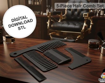 File 5 Piece Hair Comb Set STL, 3D Printable Barber Combs | Professional Styling Tools | Digital Download Volumizing Hair Comb 5 Models STL
