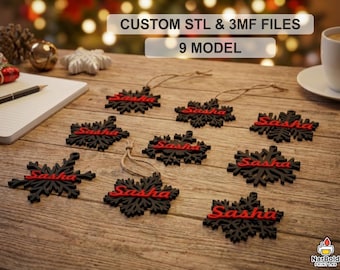 9 custom Christmas ornament STL & 3MF files. Editable names, instant digital download, perfect for 3D printing holiday decor.