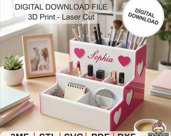 Personalized Makeup Organizer STL SVG DXF | Vanity Cosmetic Storage | 3D Print & Laser Cut Digital Files