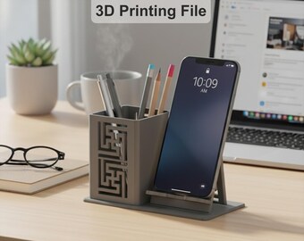 Phone Holder & Pen Holder Desk Organizer | 3D Printing File | Modern Desktop Organizer | STL And 3MF Digital Download