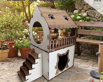 Cat House Laser Cut SVG, Laser Cut Wood Organizer, Vector Files, .Png, .Svg, .Dxf, .Cdr, .Ai,INSTANT DOWNLOAD, Wooden Box 3mm