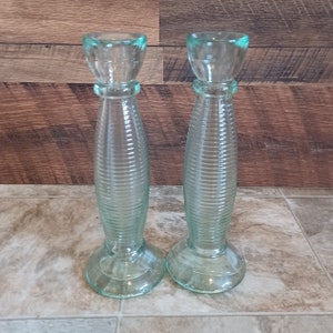 Vintage Glass Candlesticks | 1990s Retro Decor Green Glass Candle Holders