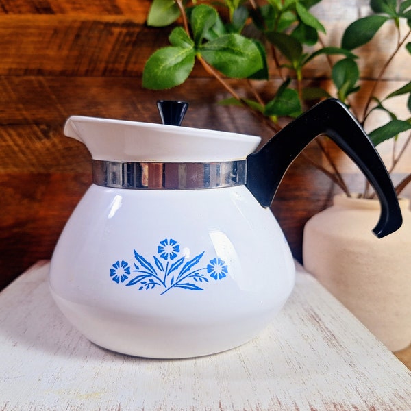 Vintage Corning Ware Teapot with Black Plastic Lid | MCM Mini Teapot 3 Cups | P-103 | Collectible Cornflower Blue Pattern