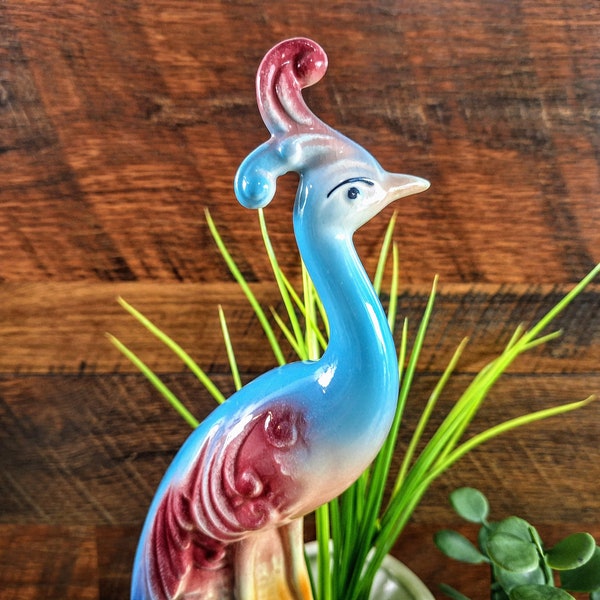 MCM Vintage Ceramic Kitsch Peacock Decor | 1950s Indoor Turquoise, Berry, and Indigo Planter | Vintage Colorful Bird Figurine