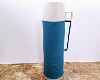Vintage Blue Thermos: 32 oz Glass Insulated Bottle with Cup