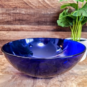Vintage Azure Blue Glass 10 inch Fruit Bowl | Mid Century Cobalt Blue Art Glass Bowl | 1980s Saphire Serving Salad Dish