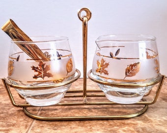 MCM Libbey Glass Sugar Bowl and Creamer with Caddy | 1950s Frosted Glass Gold Leaf Condiment Set | Hostess Gift with Tray and Mini Tongs