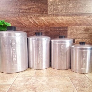 Vintage Aluminum Canister Set with Bakelite handles: Metasco Italy Flour Sugar Coffee Tea