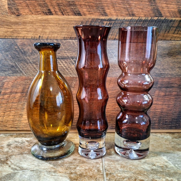 Set of 3 MCM Hand Blown Glass Vases | 1960s Colored Glass with Controlled Bubble | Vintage Decor Bud Vase Set