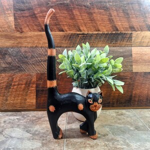 Vintage Handcarved Wooden Cat Figurine: Rustic Black and Beige Decor