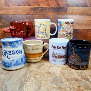 Vintage Tourist Souvenir Mugs: Alaska, San Francisco, New Orleans, Oregon