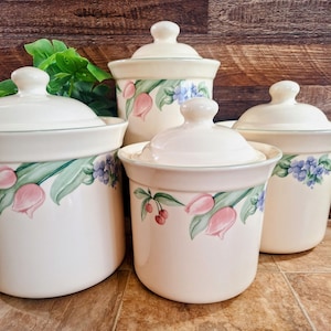 Vintage Pfaltzgraff Canister Set | 1990s Garden Party Pattern | Set of Four Ceramic Canisters with Lids