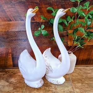 Set of 2 Ceramic Swan Figurines | Pair of White Swans with Gold Leaf Accents | Vintage Swancore Collectibles
